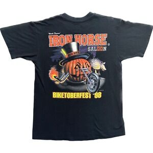 VTG 90s Biketoberfest Iron Horse Halloween Pumpkin Biker T Shirt Single Stitch L